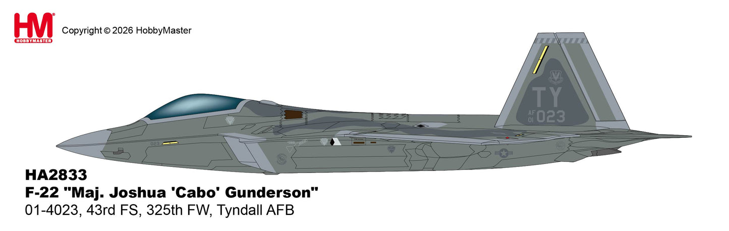 1/72 F-22 "Maj. Joshua 'Cabo' Gunderson" 01-4023 43rd FS 325th FW Tyndall AFB (with Pilot's Signature Card)