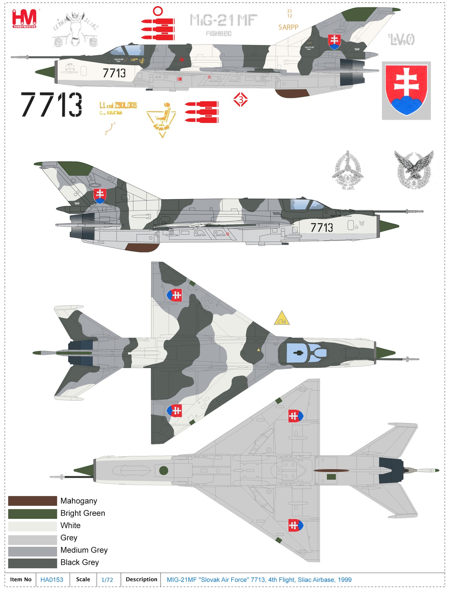 1/72 MIG-21MF "Slovak Air Force" 7713 4th Flight Sliac Airbase 1999