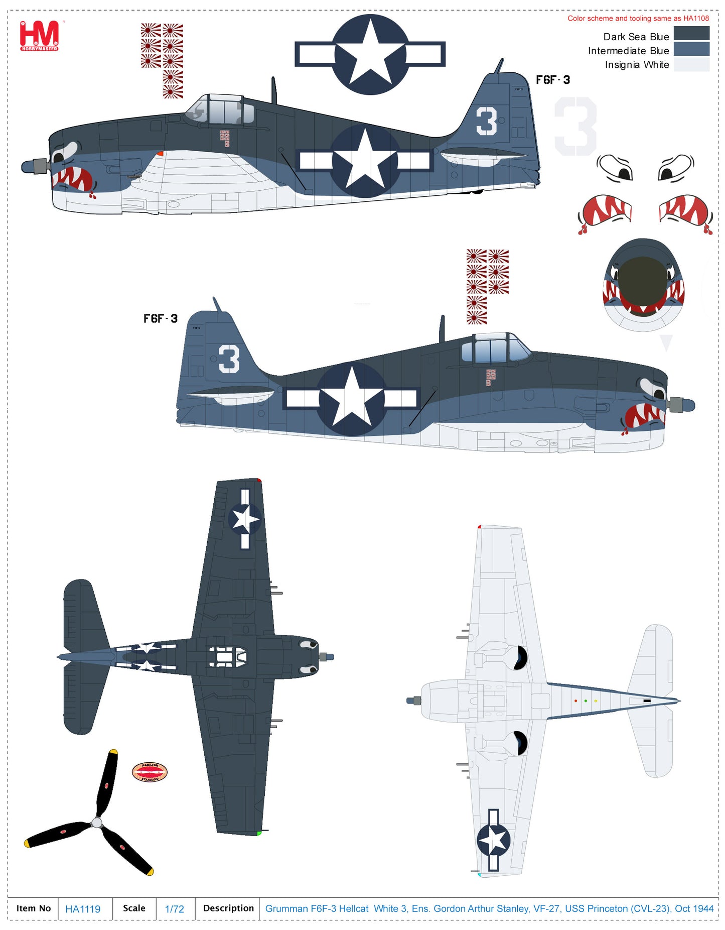 1/72 F6F-3 Hellcat White 3 Ens. Gordon Arthur Stanley VF-27 USS Princeton Oct 1944