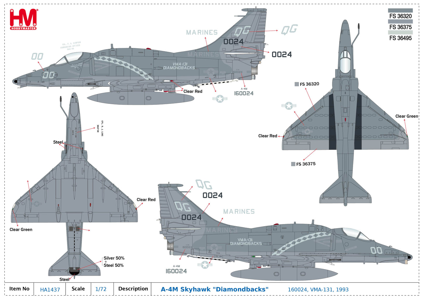 1/72 A-4M Skyhawk "Diamondbacks" 160024 VMA-131 US Marines 1993