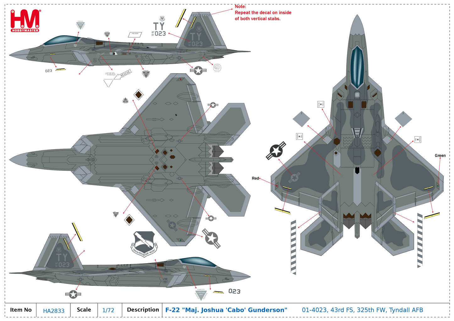 1/72 F-22 "Maj. Joshua 'Cabo' Gunderson" 01-4023 43rd FS 325th FW Tyndall AFB (with Pilot's Signature Card)