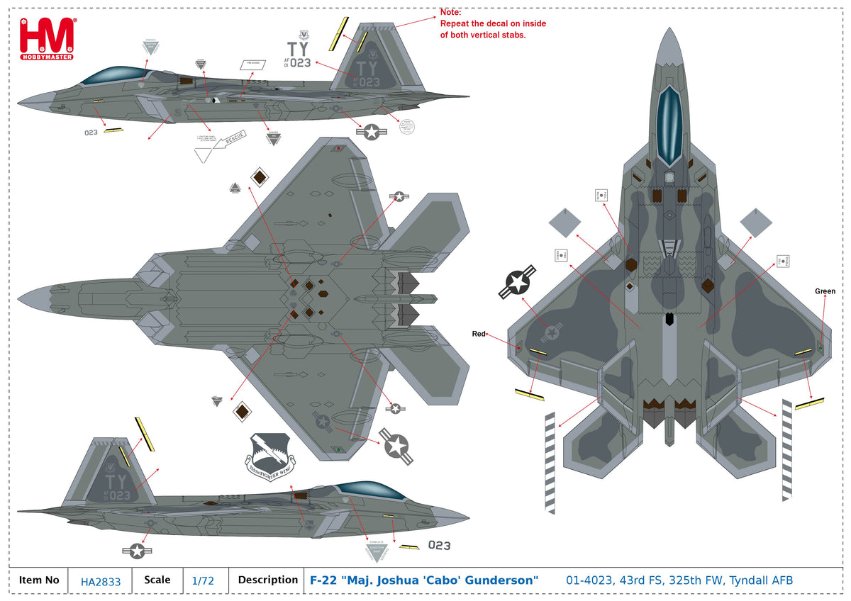 1/72 F-22 "Maj. Joshua 'Cabo' Gunderson" 01-4023 43rd FS 325th FW Tyndall AFB (with Pilot's Signature Card)