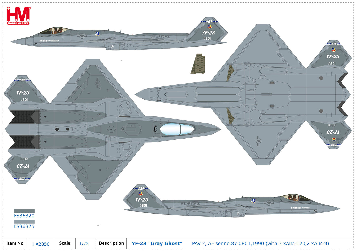 1/72 YF-23 "Gray Ghost" PAV-2 AF Ser.No.87-08011990 (with 3 xAIM-1202 xAIM-9)