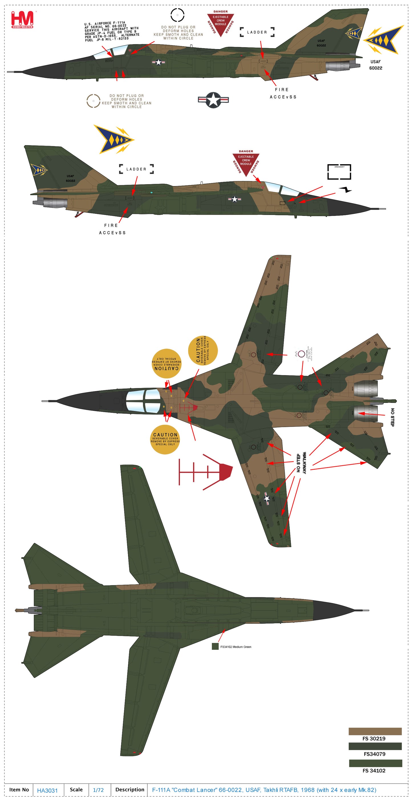 1/72 F-111A "Combat Lancer" 66-0022 USAF Takhli RTAFB 1968 (with 24 x Early Mk.82 Bomb)