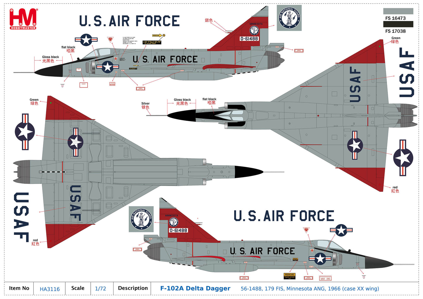 1/72 F-102A Delta Dagger 56-1488 179 FIS Minnesota ANG 1966 (Case XX Wing)