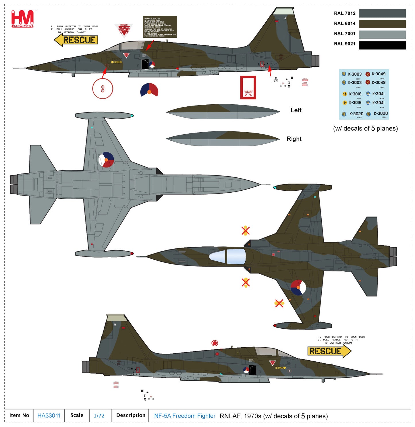 1/72 NF-5A Freedom Fighter RNLAF 1970s (with Decal for 5 Planes)