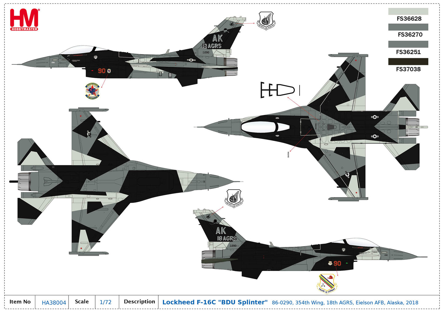 1/72 F-16C “BDU Splinter� 86-0290 354th Wing 18th AGRS Eielson AFB Alaska 2018