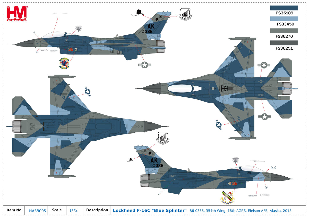 1/72 F-16C "Blue Splinter" 86-0335 354th Wing 18th AGRS Eielson AFB Alaska 2018