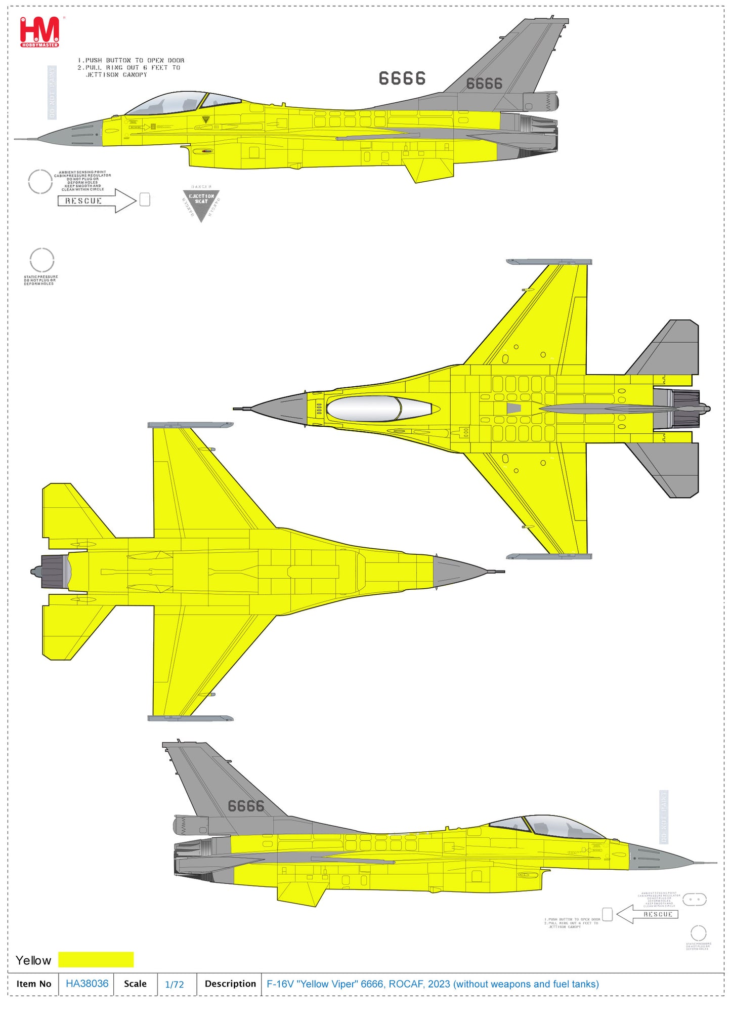 1/72 F-16V "Yellow Viper" 6666 ROCAF 2023 (with 2 x AIM-9x 1 x Middle Fuel Tank)