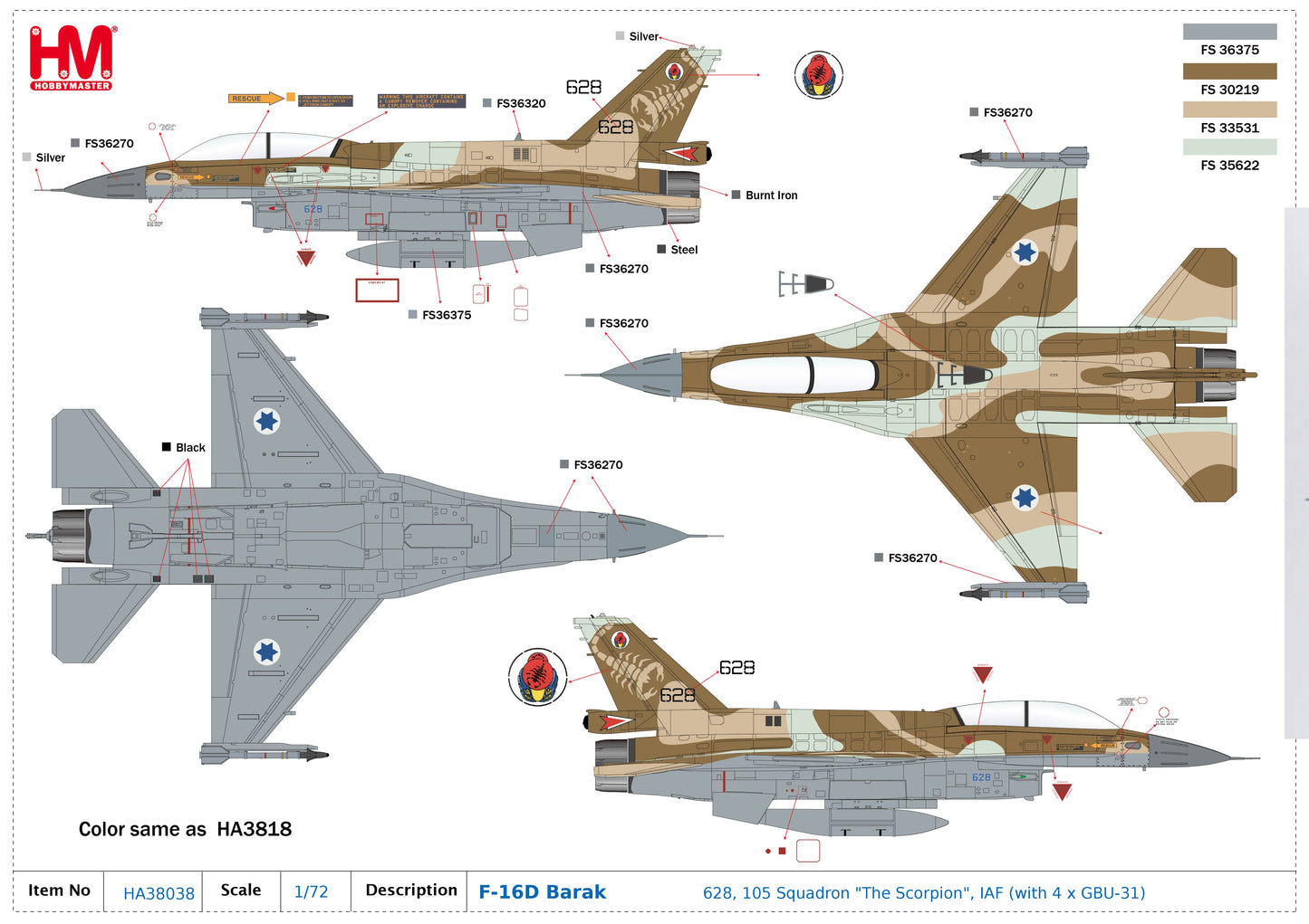1/72 F-16D Barak 628 105 Squadron "The Scorpion" IAF (with 4 x GBU-31)