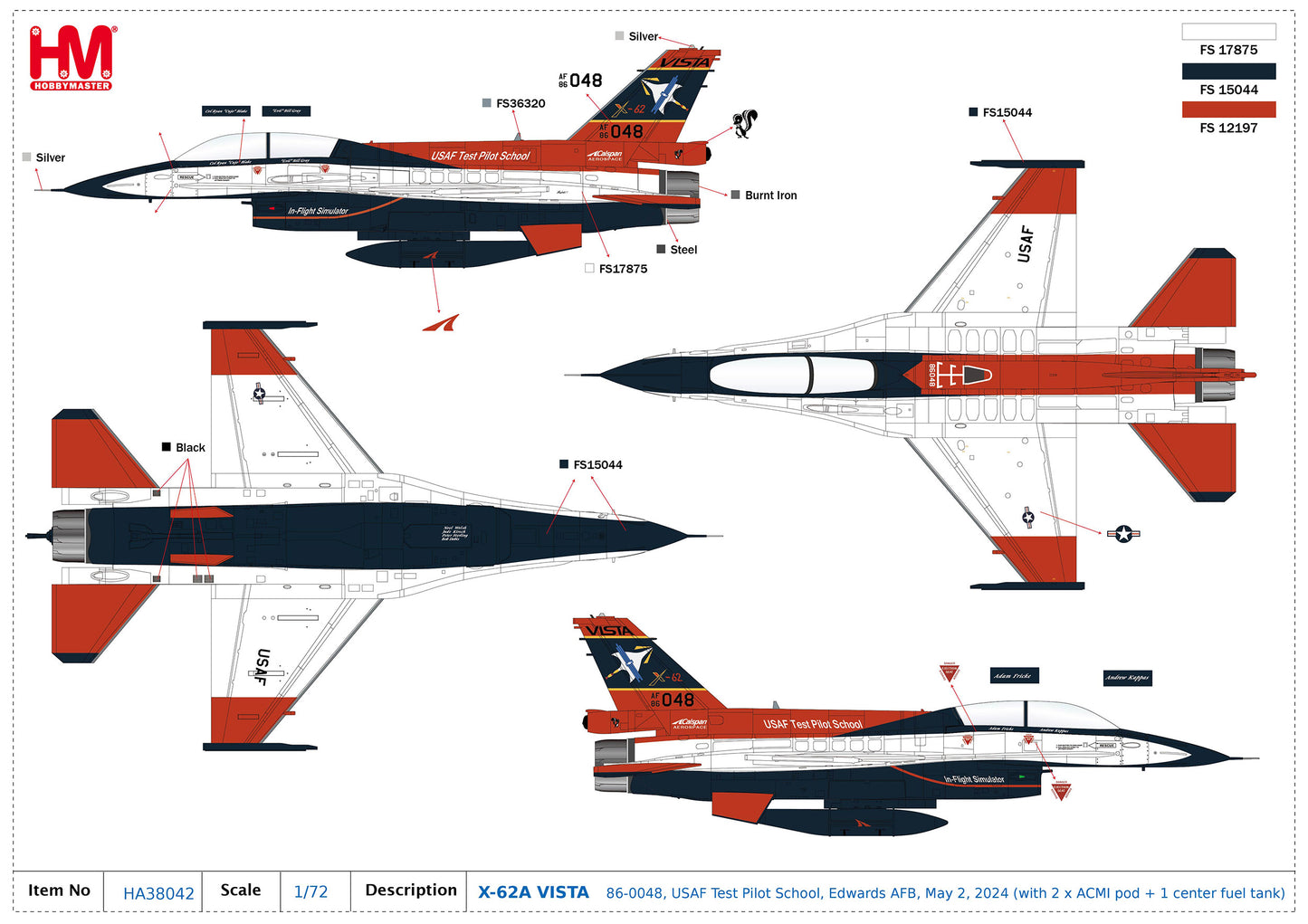 1/72 X-62A VISTA 86-0048 USAF Test Pilot School Edwards AFB May 2 2024 (with 2 x ACMI Pod (Wing Tip) + 1 Center Fuel Tank)