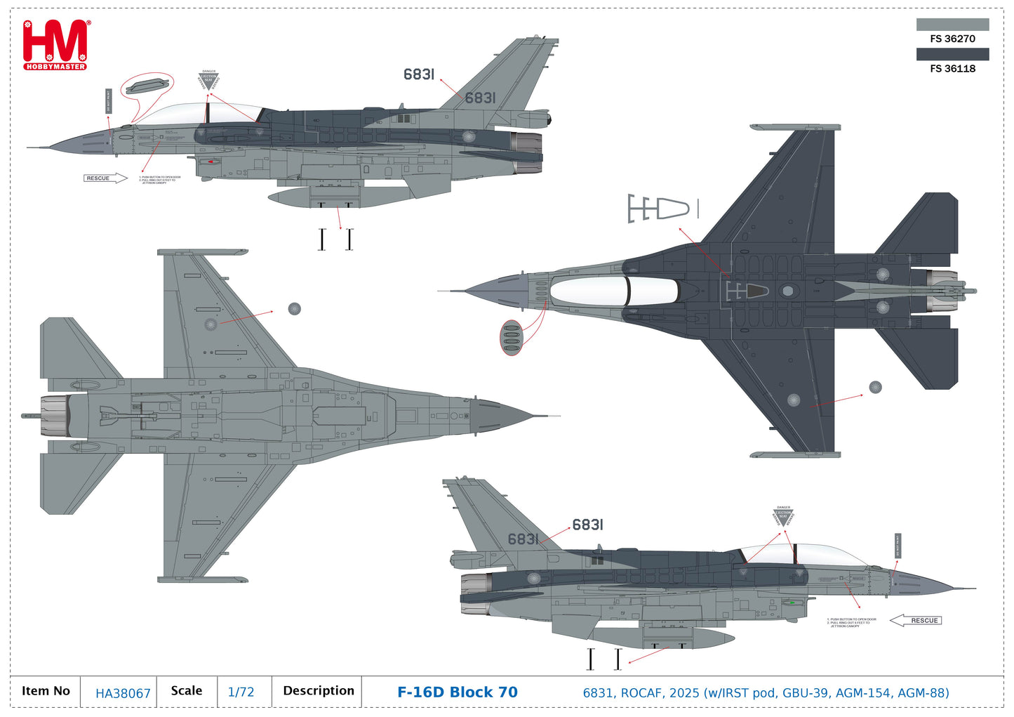 1/72 F-16D Block 70 6831 ROCAF 2025 (with IRST Pod GBU-39 AGM-154 AGM-88)
