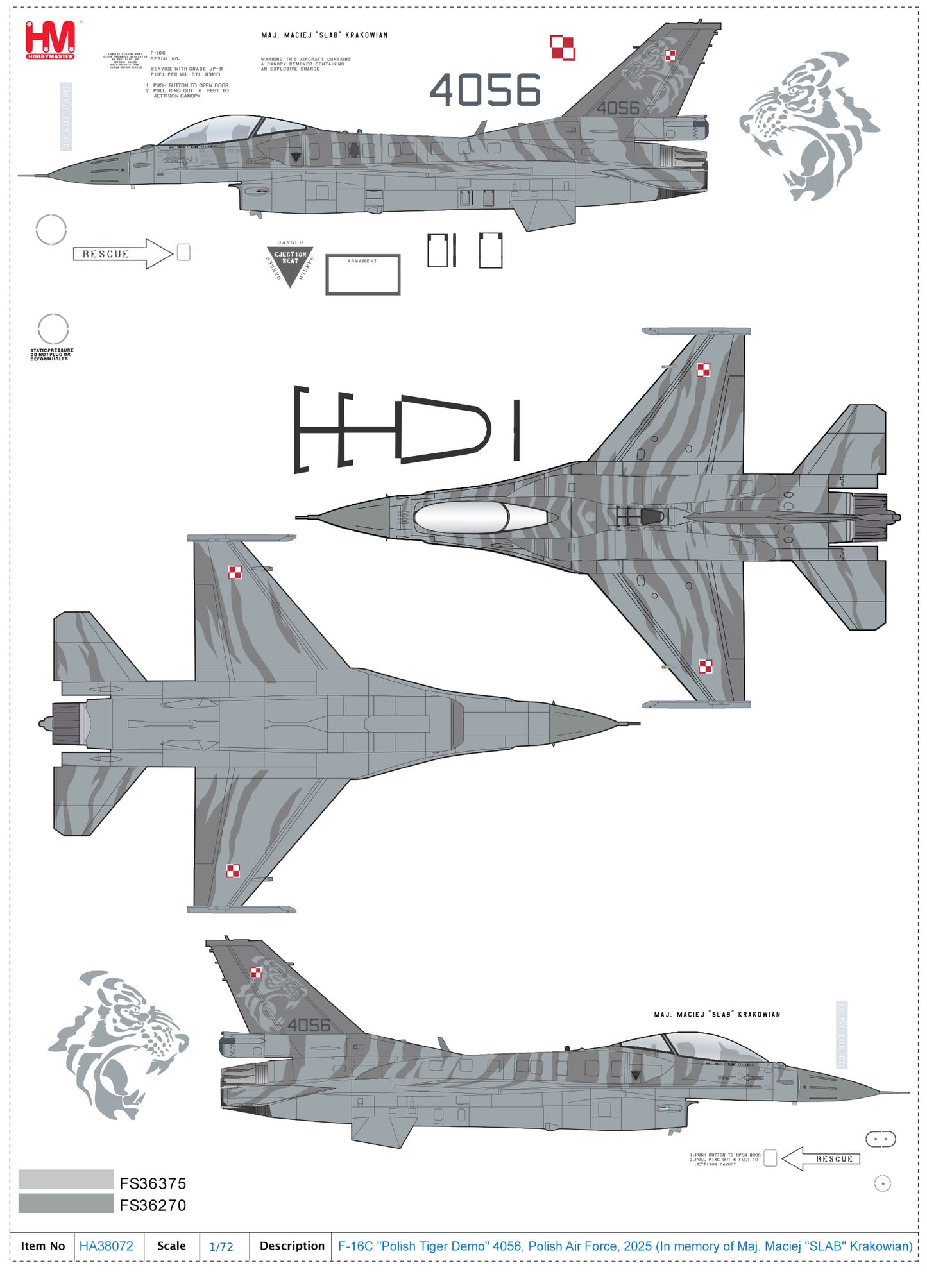 1/72 F-16C 'Maj. Maciej "SLAB" Krakowian' 4052 Polish Air Force 2025 (HM will Donate 10% to Krakowian's Family)