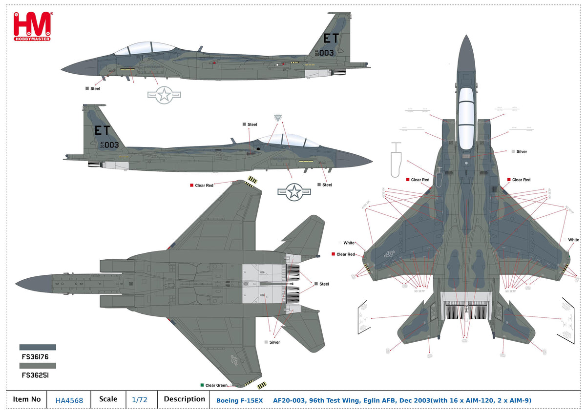 1/72 F-15EX Eagle II AF20-003 96th Test Wing Eglin AFB Dec 2023 (w/16 x AIM-120 2 x AIM-9)