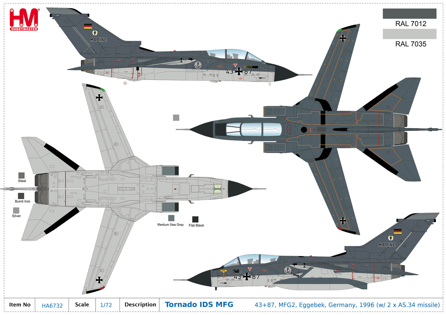 1/72 Tornado IDS MFG 43+87 MFG2 Eggebek Germany 1996 (with 2 x AS.34 Missile)