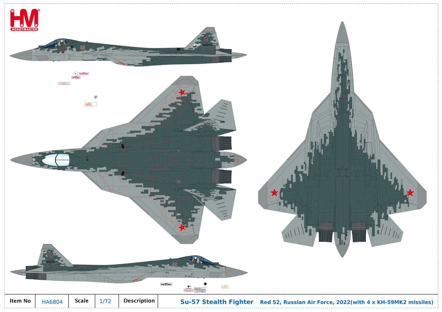 1/72 Su-57 Stealth Fighter Red 52 Russian Air Force 2022 (with 4 x KH-59MK2 Missiles)
