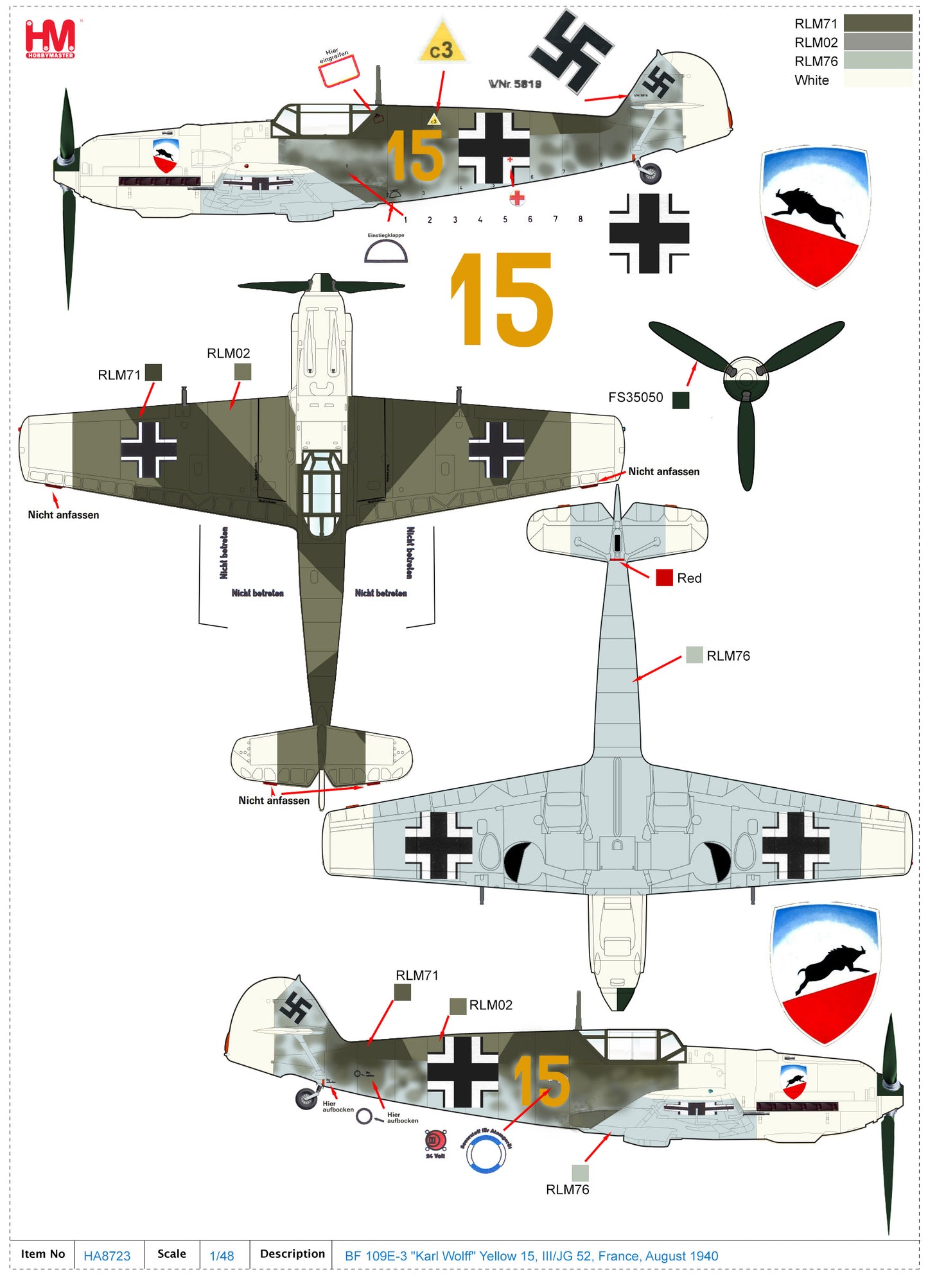 1/48 Bf-109E-3 "Karl Wolff" Yellow 15 III/JG 52 France August 1940