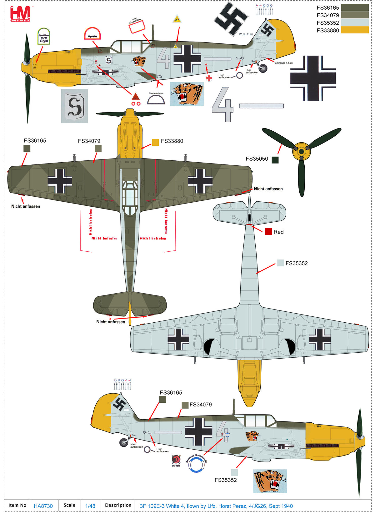 1/48 Bf-109E-3 "Ufz. Horst Perez" White 4 4/JG 26 Sept 1940