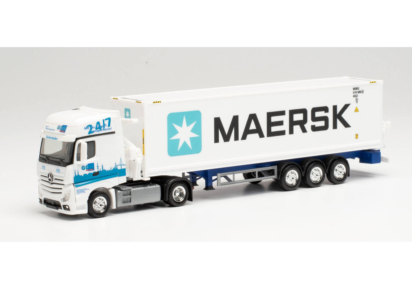 1/87 Mercedes-Benz Actros Gigaspace Hammar Container Sideloader Trailer "GDH / Maersk"