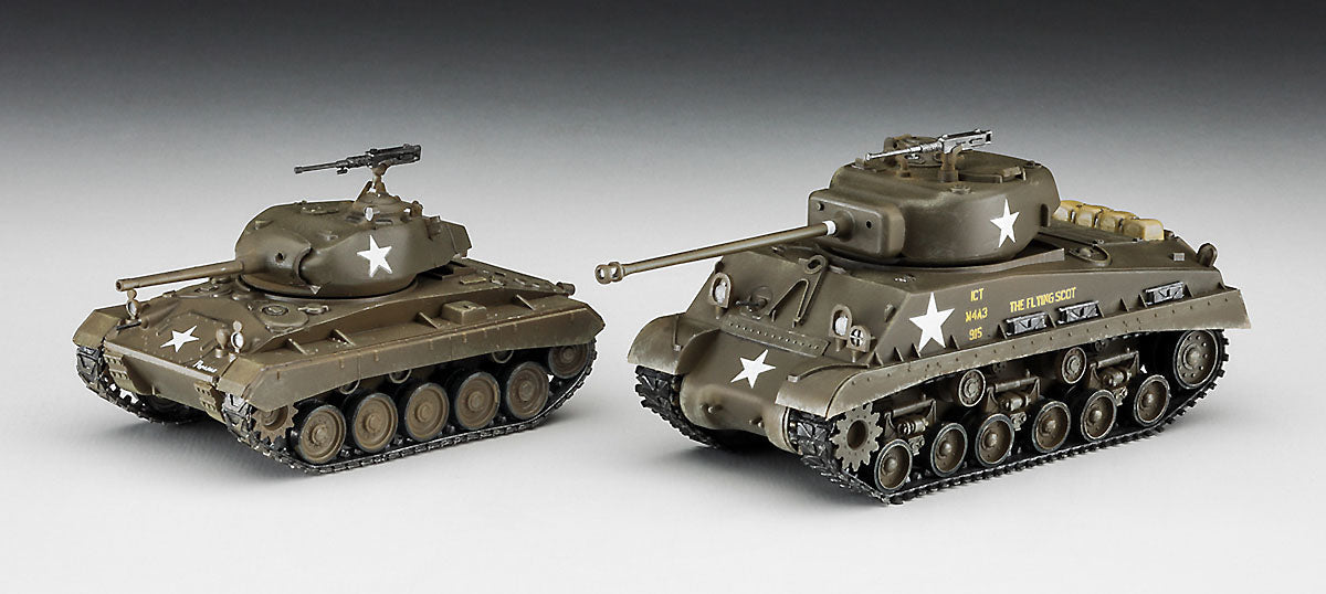 1/72 M4A3E8 SHERMAN & M24 CHAFFEE U.S. ARMY MAIN BATTLE TANK COMBO
(Two kits in the box)
