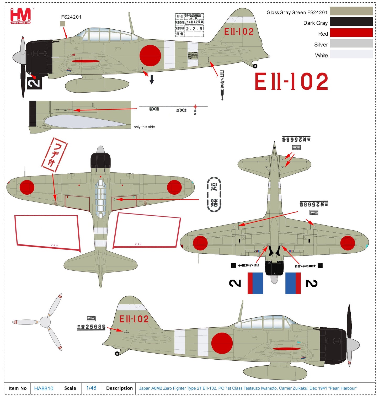 1/48 Japan A6M2 ZeroType 21 EII-102 PO 1st Class Testsuzo Iwamoto Carrier Zuikaku Dec 1941 "Pearl Harbour"