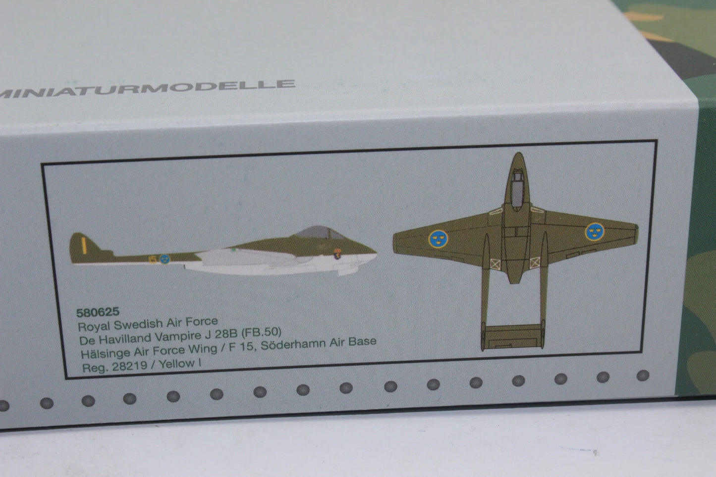 1/72 Royal Swedish Air Force De Havilland Vampire J 28B (FB.50) F 15 (Hälsinge Air Force Wing) Söderhamn Air Base 28219 / Yellow I