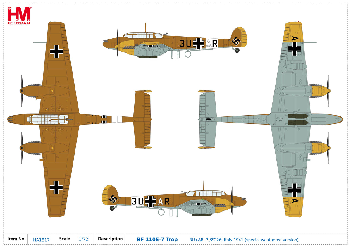 1/72 Bf 110E-2 3U+AR, 7./ZG 26, Italy 1941 (Special Weathered Version)