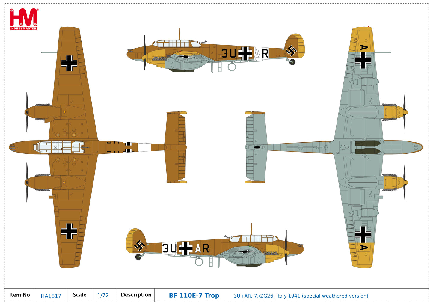 1/72 Bf 110E-2 3U+AR, 7./ZG 26, Italy 1941 (Special Weathered Version)