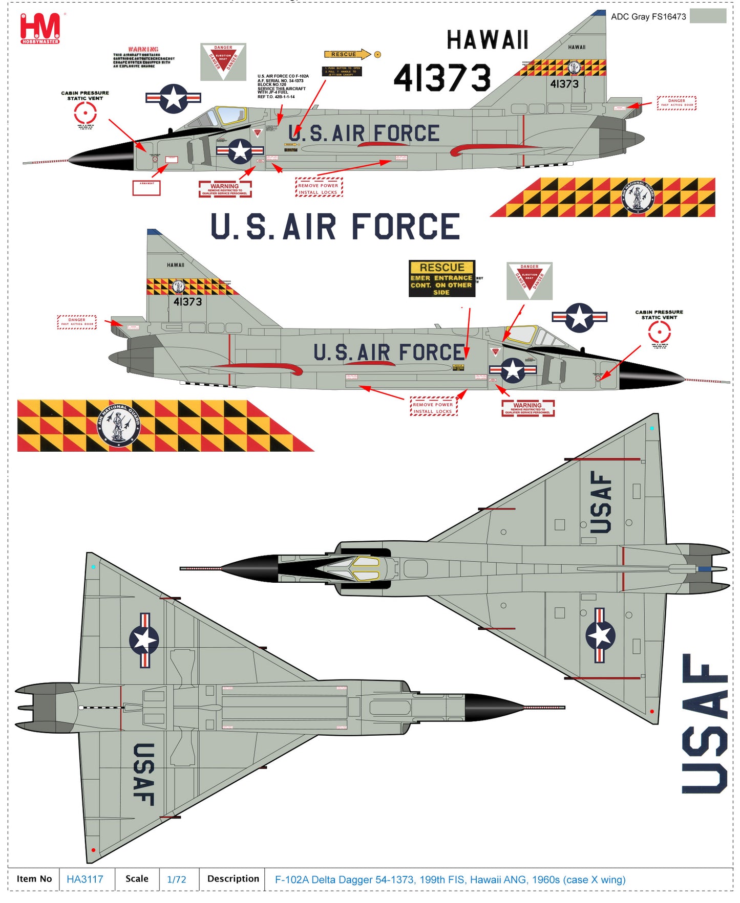 1/72 F-102A Delta Dagger 54-1373 199th FIS Hawaii ANG 1960s (Case X Wing)