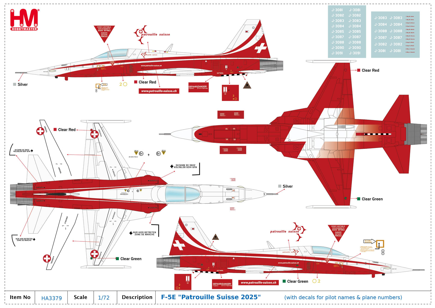 1/72 F-5E "Patrouille Suisse 2025" (with Decals for Pilot Names & Plane Numbers)