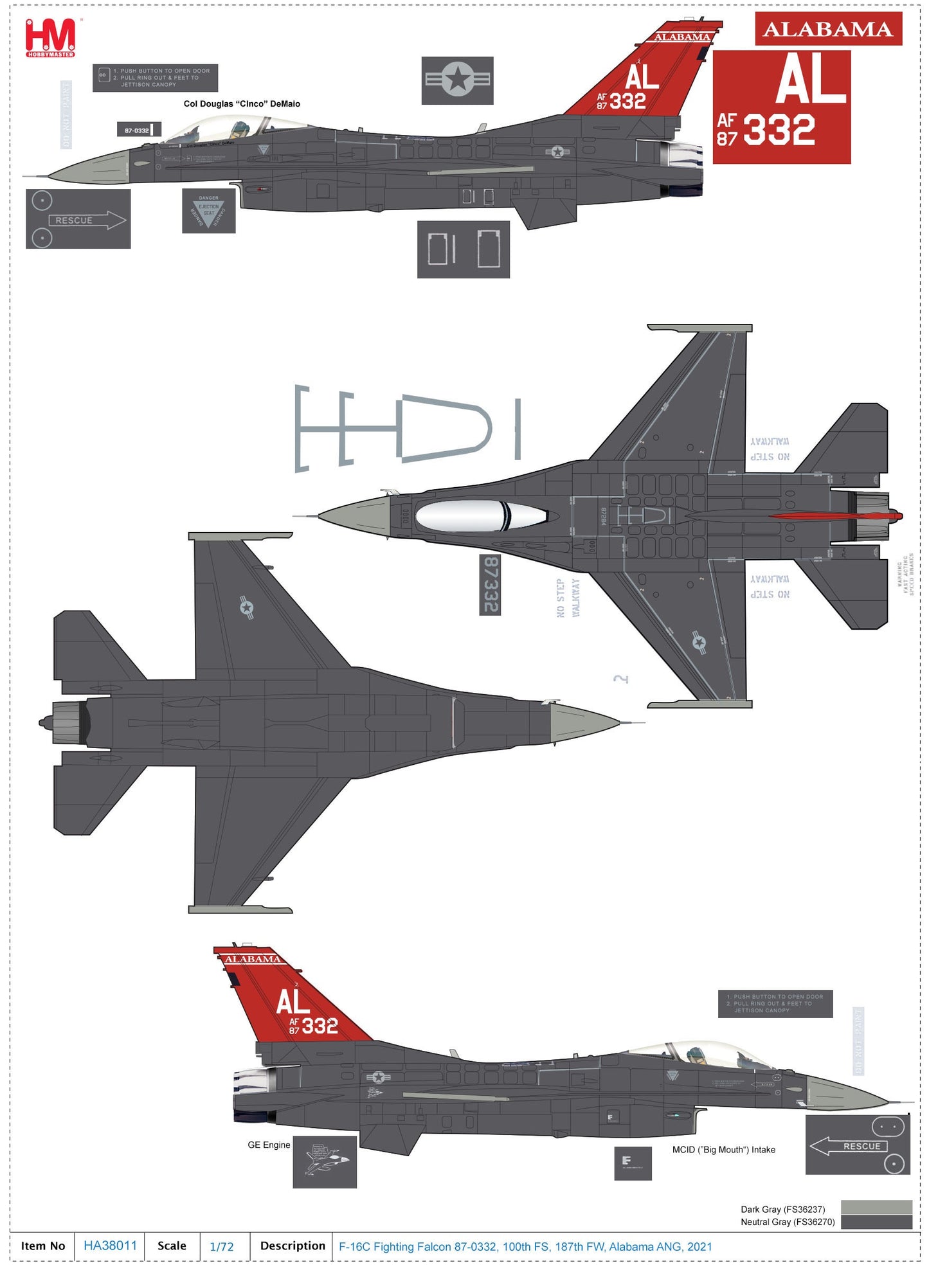 1/72 F-16C Fighting Falcon 87-0332 100th FS 187th FW Alabama ANG 2021