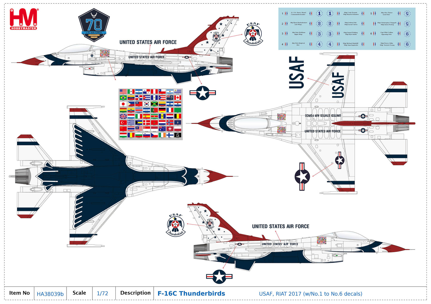 1/72 F-16C Thunderbirds USAF RIAT 2017 (with No.1 to No.6 Decals)