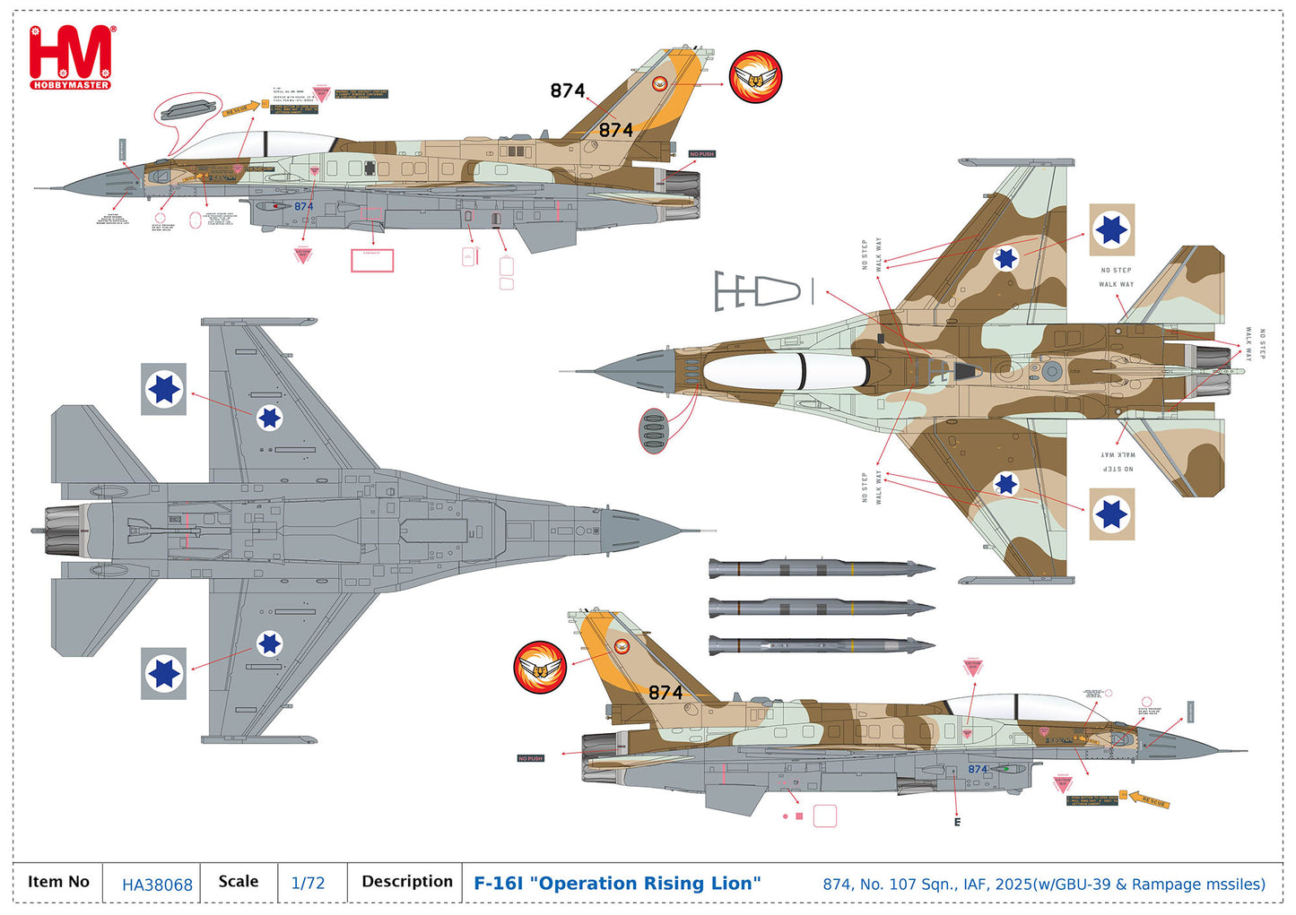 1/72 F-16I "Operation Rising Lion" 874 No. 107 Sqn. IAF 2025 (with GBU-39 Bombs & Rampage Missiles)