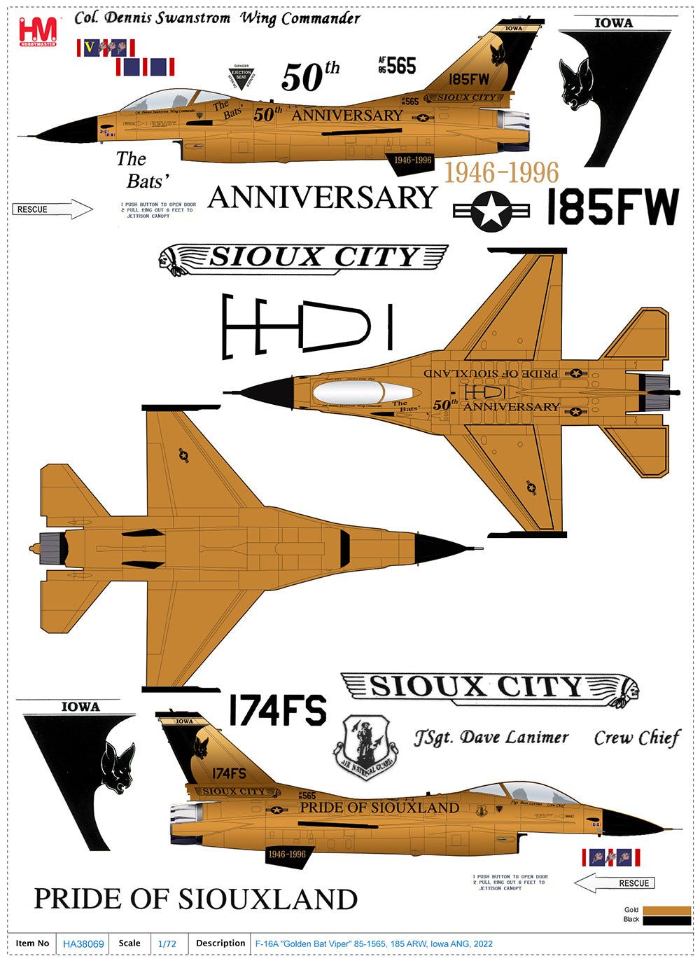 1/72 F-16A "Golden Bat Viper" 85-1565 185 ARW Iowa ANG 2022