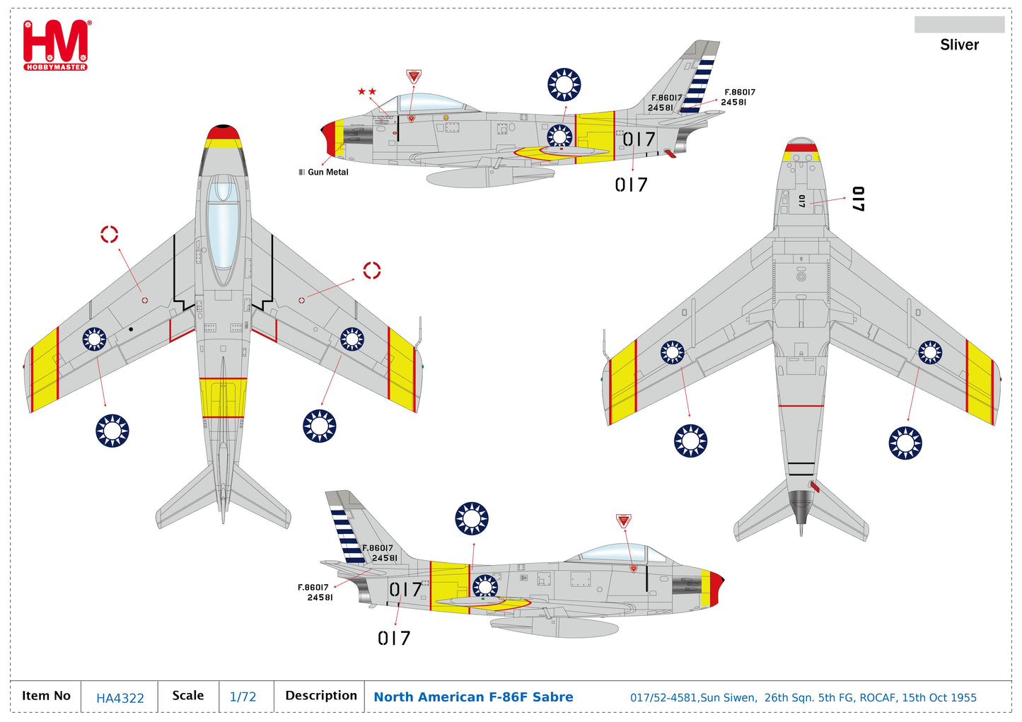 1/72 F-86F Sabre "MIG Killer" 017/52-4581 Sun Siwen 26th Sqn. 5th FG ROCAF 15th Oct 1955