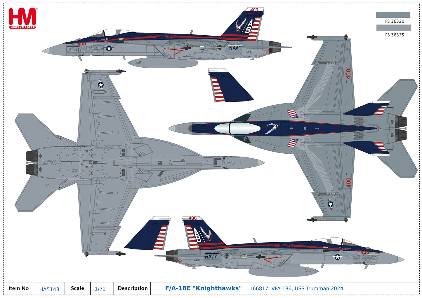 1/72 F/A-18E "Knighthawks" 166817 VFA-136 USS Trumman 2024