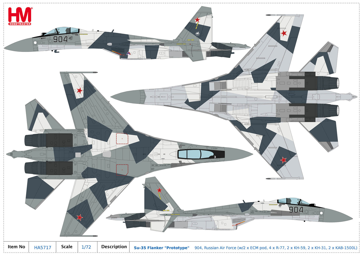 1/72 Su-35 Flanker "Prototype" 904 Russian Air Force (with 2 x ECM pod 4 x R-77 2 x KH-59 2 x KH-31 2 x KAB-1500L)