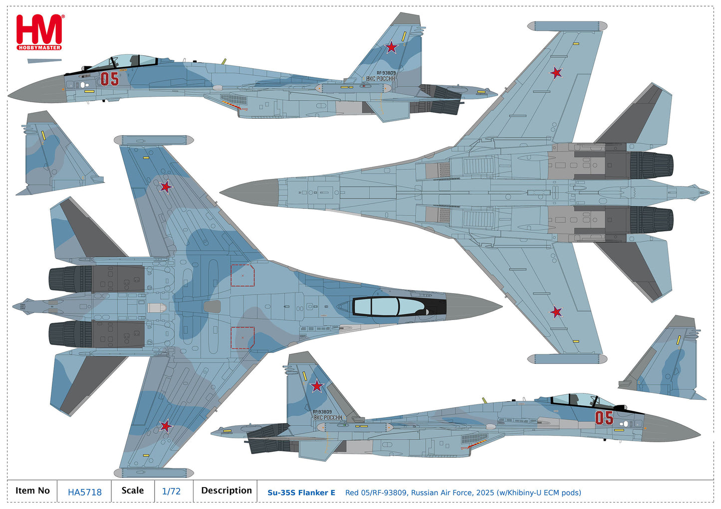 1/72 Su-35S Flanker E Red 05/RF-93809 Russian Air Force 2025 (with Khibiny-U ECM Pods)