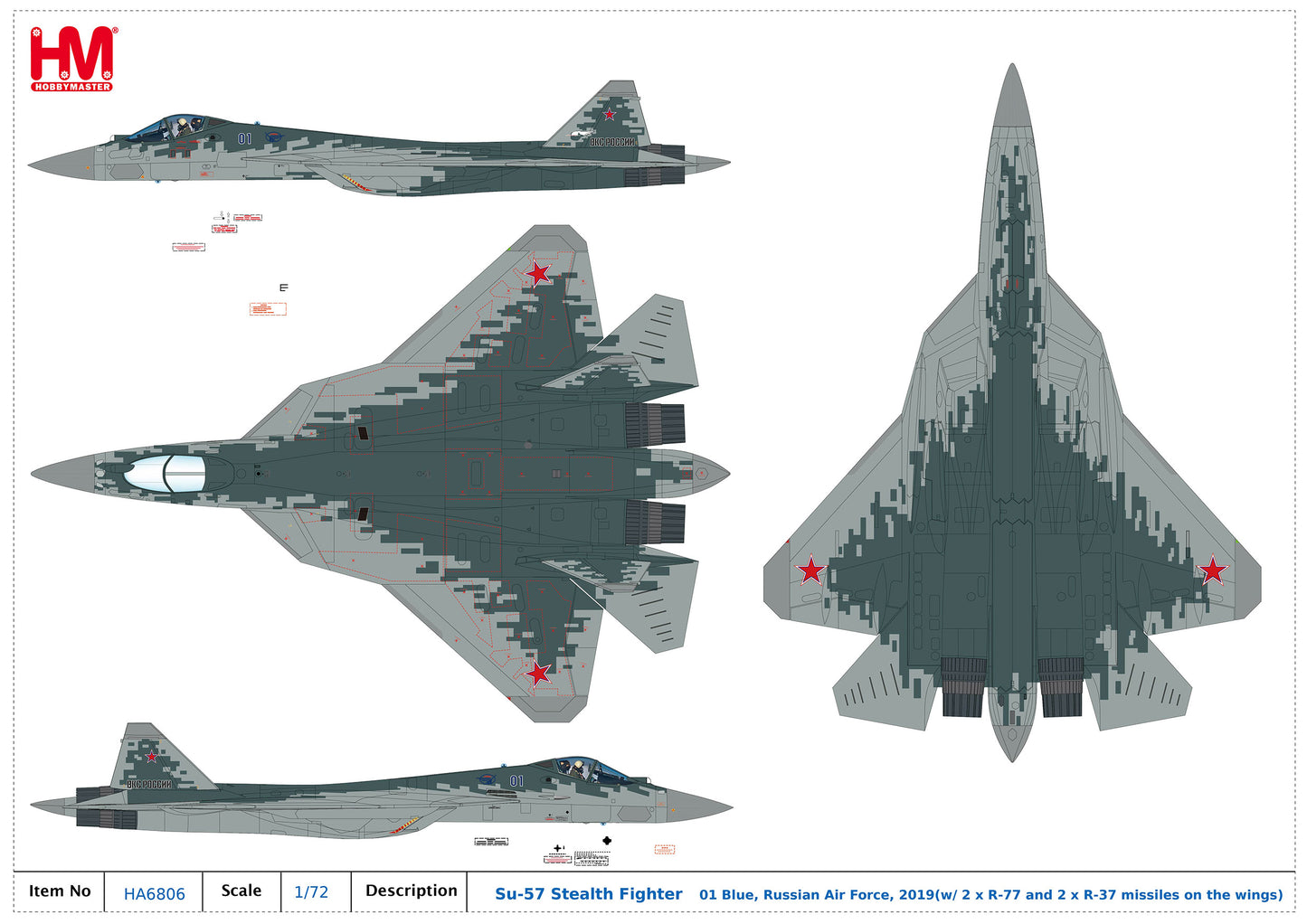 1/72 Su-57 Stealth Fighter 01 Blue Russian Air Force 2019 (with 2 x R-77 and 2 x R-37 Missiles on the Wings)