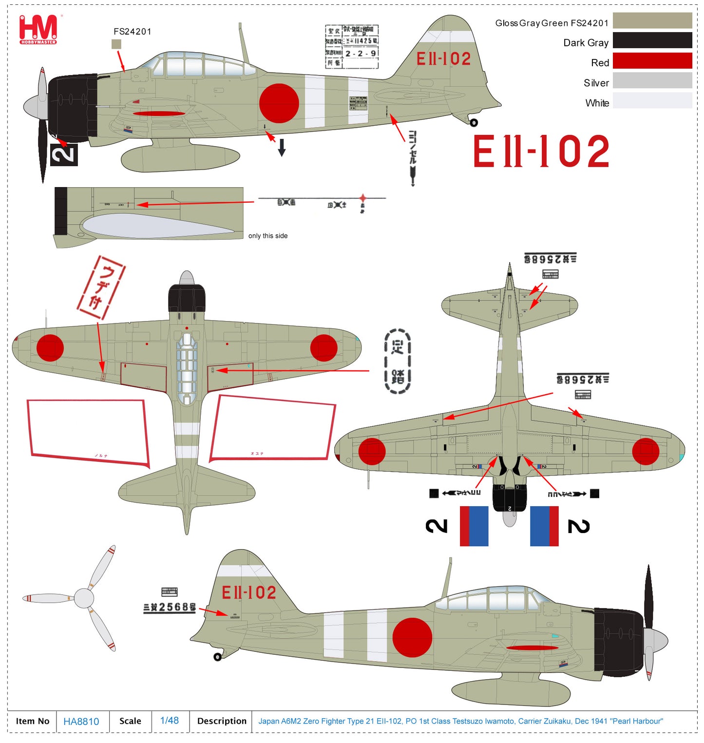 1/48 Japan A6M2 ZeroType 21 EII-102 PO 1st Class Testsuzo Iwamoto Carrier Zuikaku Dec 1941 "Pearl Harbour"