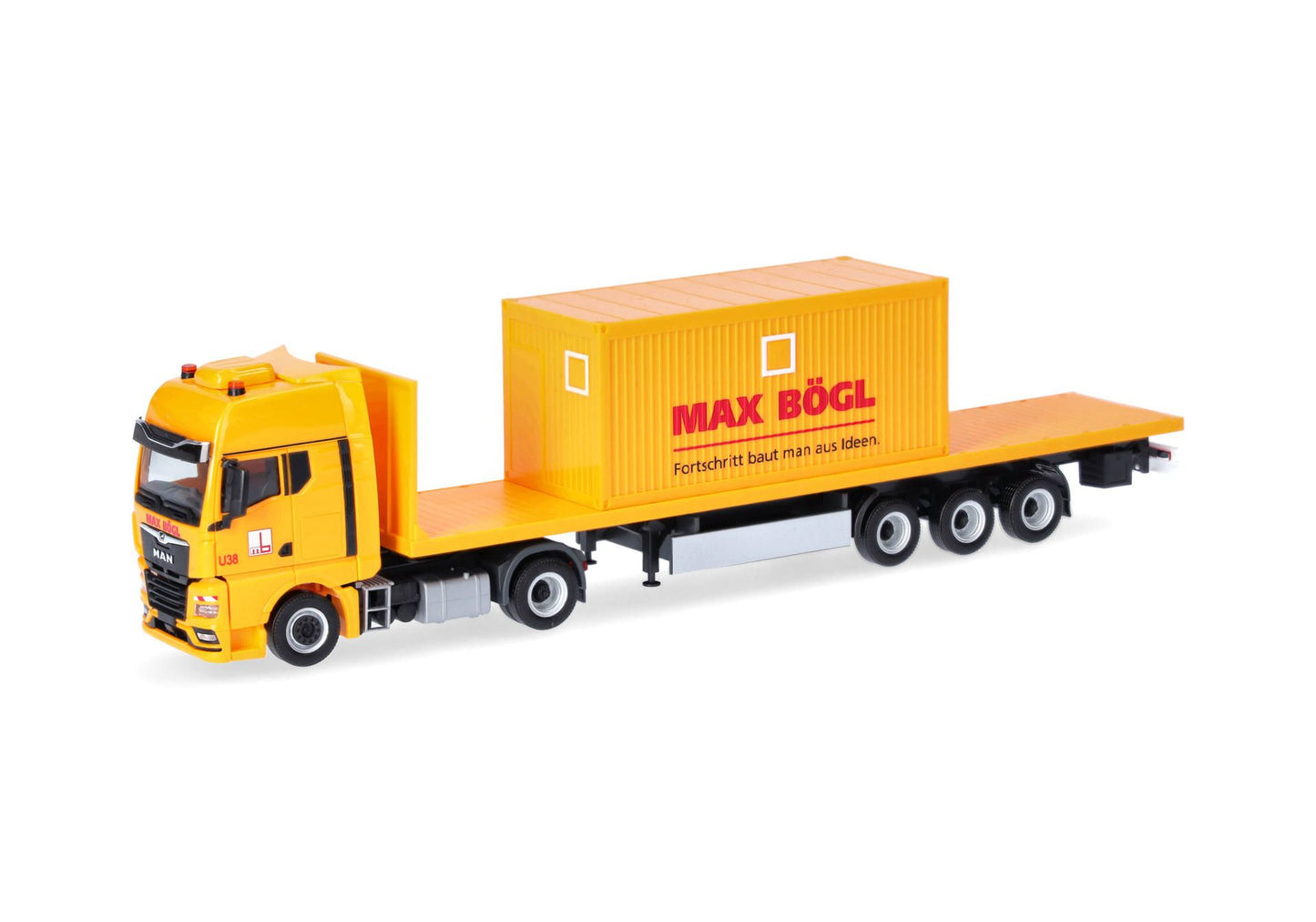 1/87 MAN TGX GX Flat Bed Semitrailer Truck with Office Container "Max Bögl" (Bavaria/Sengenthal)
