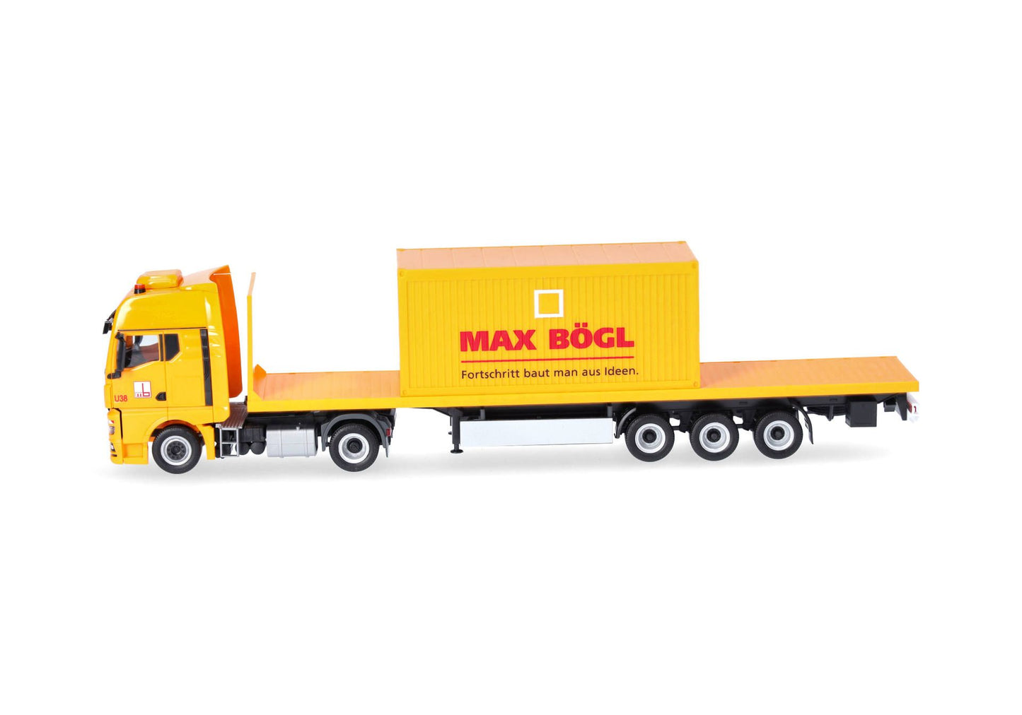 1/87 MAN TGX GX Flat Bed Semitrailer Truck with Office Container "Max Bögl" (Bavaria/Sengenthal)
