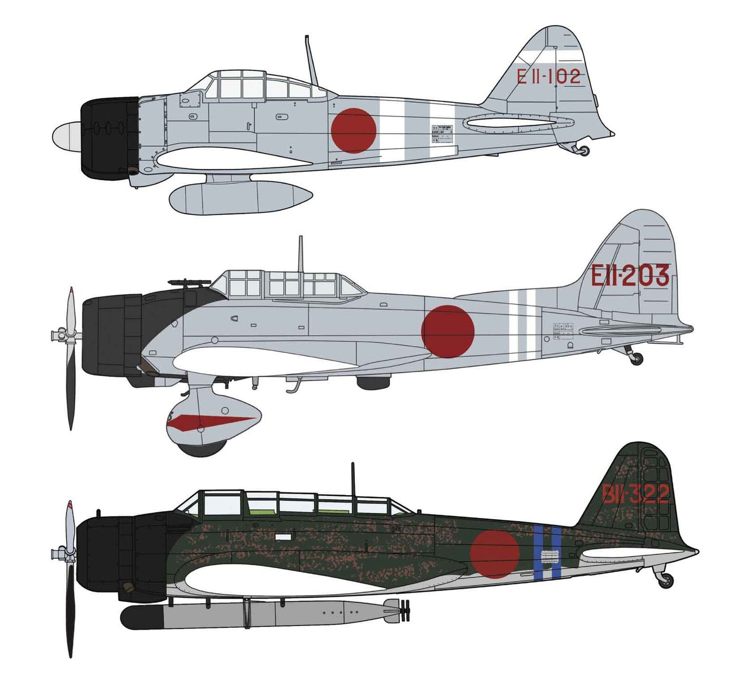 1/48  ZERO FIGHTER TYPE 21 and TYPE 99 CARRIER DIVE-BOMBER MODEL 11 and TYPE 97 CARRIER ATTACK-BOMBE