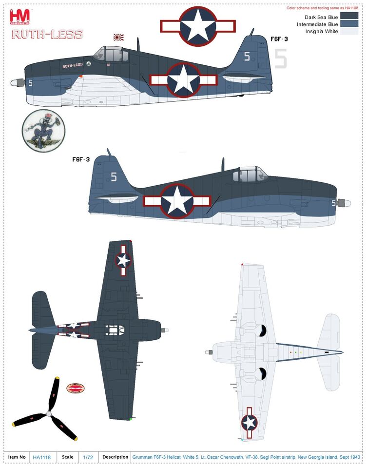 1/72 Grumman F6F-3 Hellcat White 5 Lt. Oscar Chenoweth VF-38 Segi Point Airstrip N.G.I Sept 1943