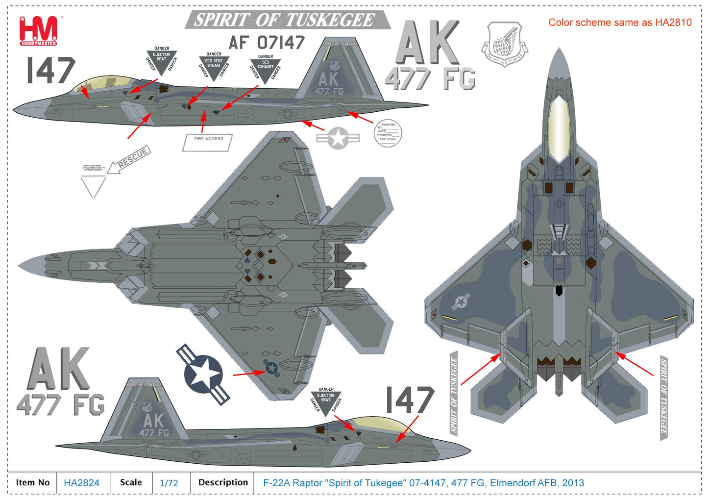 1/72 F-22A Raptor "Spirit of Tukegee" 07-4147 477 FG Elmendorf AFB 2013