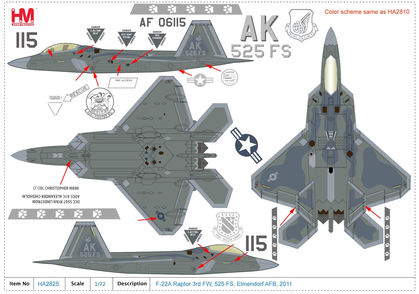 1/72 F-22A Raptor 3rd FW 525 FS Elmendorf AFB 2011 (with 4 X Aim-120 On Outerboard)