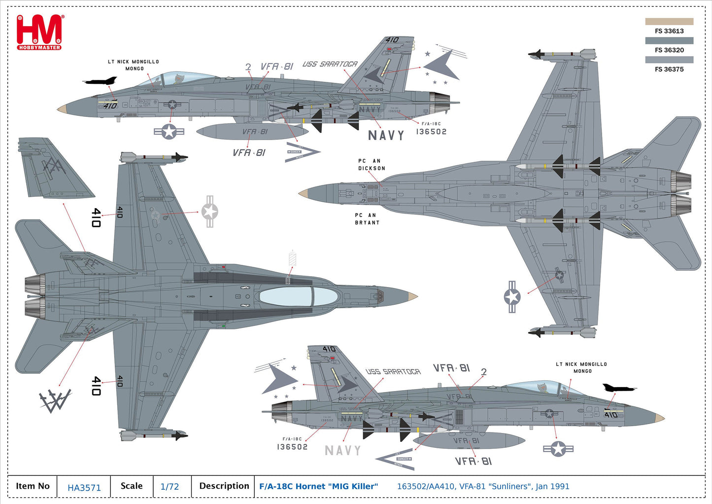 1/72 F/A-18C Hornet "MIG Killer" 163502/AA410 VFA-81 Sunliners Jan 1991