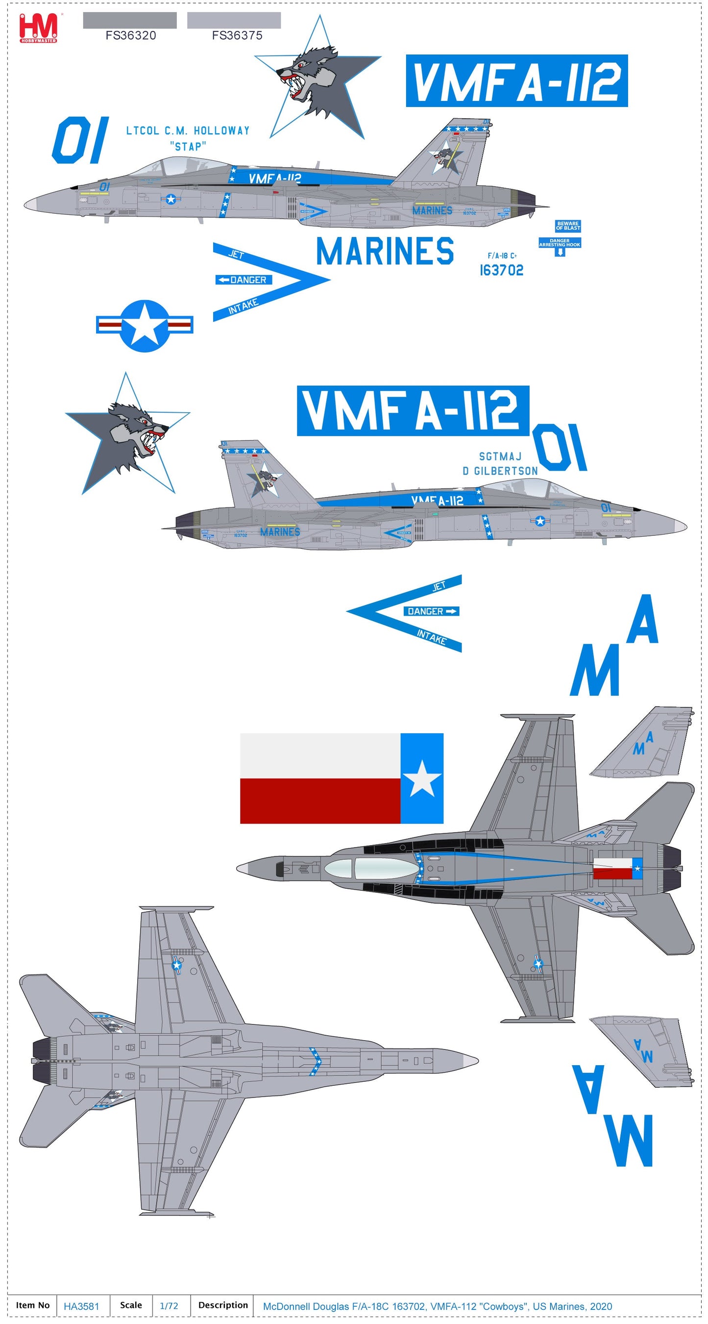 1/72 McDonnell Douglas F/A-18C 163702 VMFA-112 "Cowboys" US Marines 2020