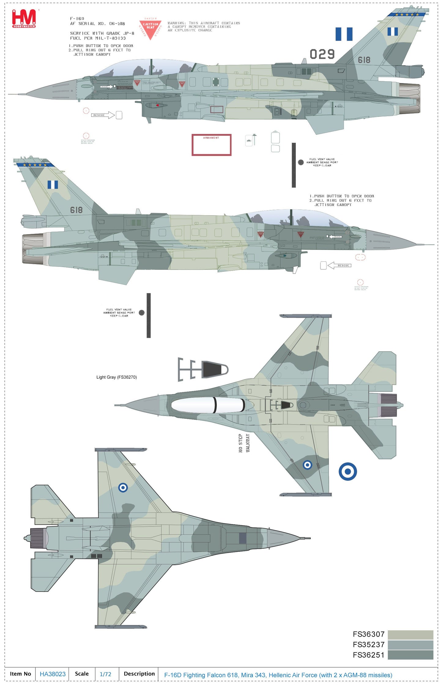 1/72 F-16D Fighting Falcon 618 Mira 343 Hellenic Air Force (with 2 x AGM-88 Missiles)