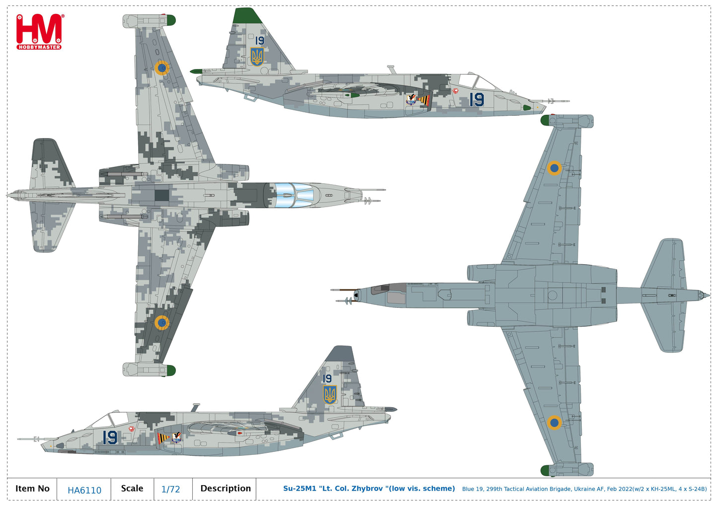 1/72 Su-25M1 "Lt. Col. Zhybrov" Blue 19 299th Tactical Aviation Brigade Ukraine AF Feb 2022